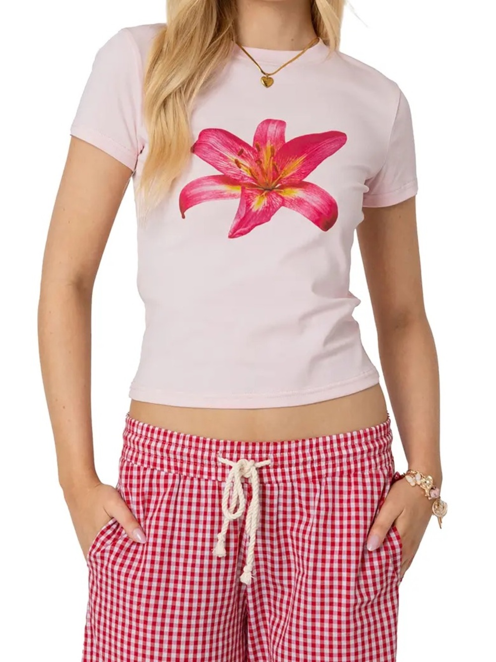 Edikted Pink Daylily Flower Graphic Baby Tee